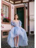 Feather Sleeves Light Blue High Low Flower Girl Dress